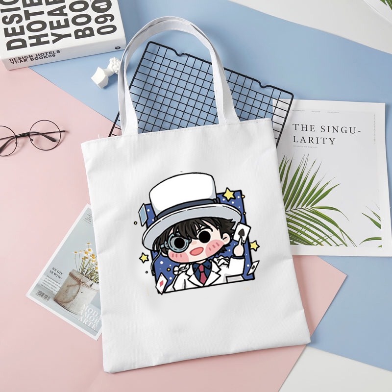 Túi tote vải đen trắng in hình CONAN KAITO KID Thám tử lừng danh anime chibi dễ thương