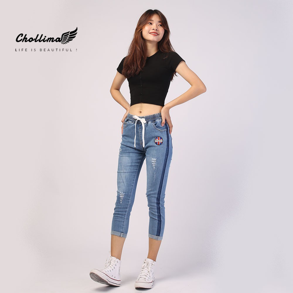 Quần jeans nữ lưng thun Chollima 2 viền màu xanh nhạt QD019 - Quần bò 9 tấc lưng thun | BigBuy360 - bigbuy360.vn