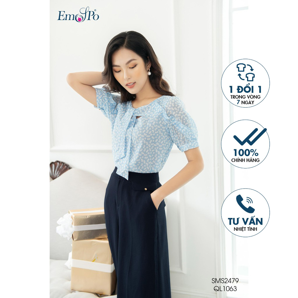 Áo sơ mi cổ thắt nơ, tay áo bồng nhẹ, có bèo dọc vai Emspo SMS2479 (Xanh, Đen)