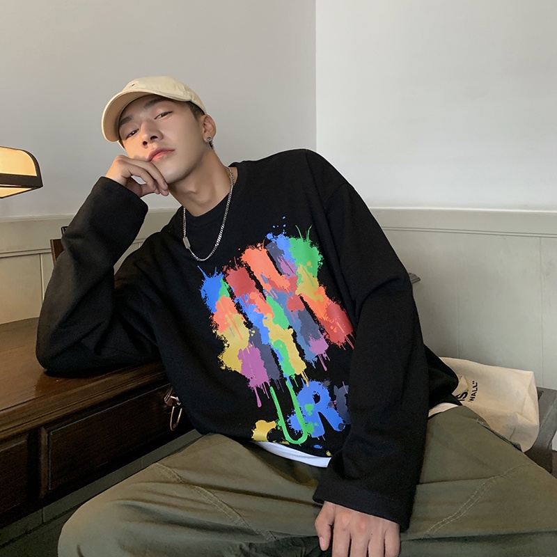 Áo thun tay dài dáng rộng in họa tiết graffiti phong cách đường phố kiểu Hàn năng động cho nam M-5XL