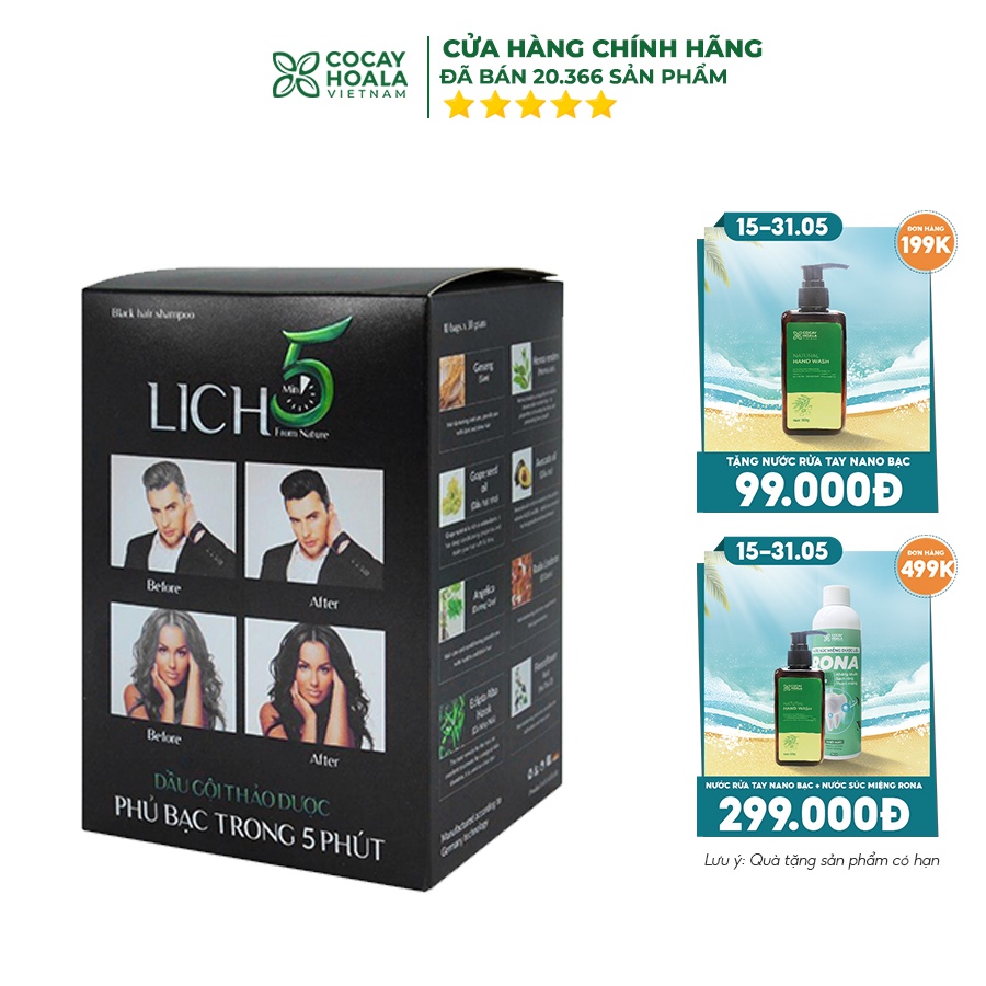 Dầu Gội Lich5 - Thảo Dược Đen Tóc Cocayhoala làm đen tóc trong 5 phút - hộp 10 gói0