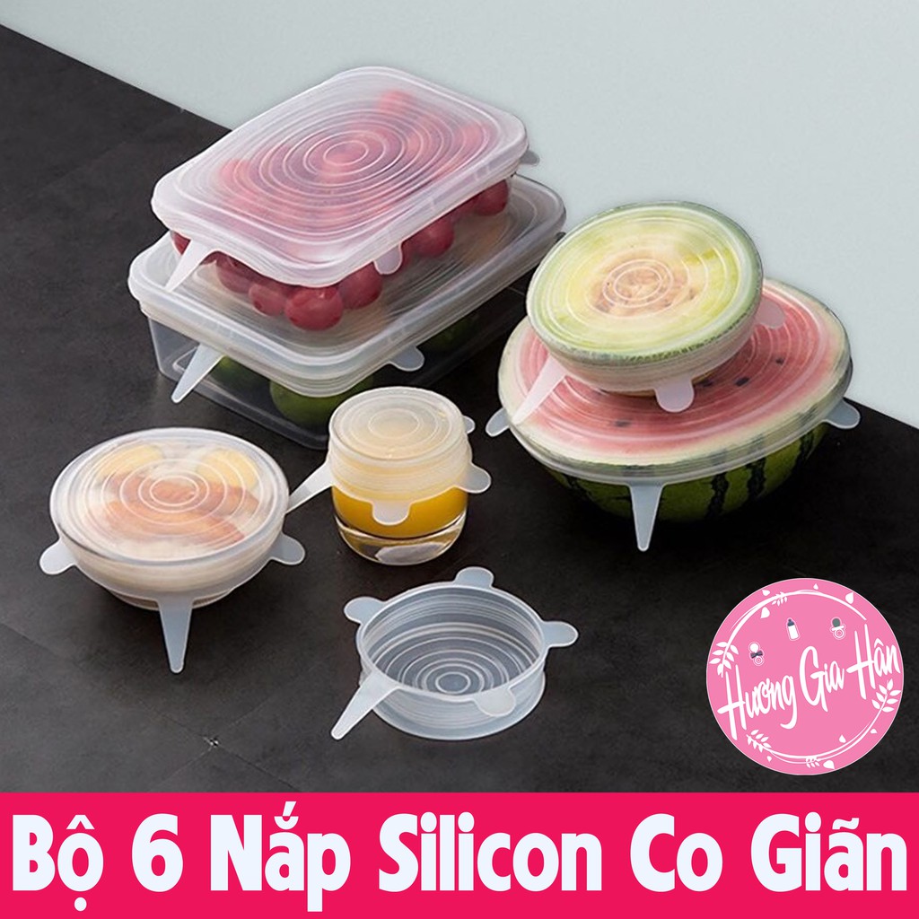 Bộ 6 Nắp Silicon Co Giãn Bảo Vệ Thực Phẩm - Che Đậy Đồ Ăn Hoa Quả - Màng Bọc Thực Phẩm Silicon Tái Sử Dụng Được