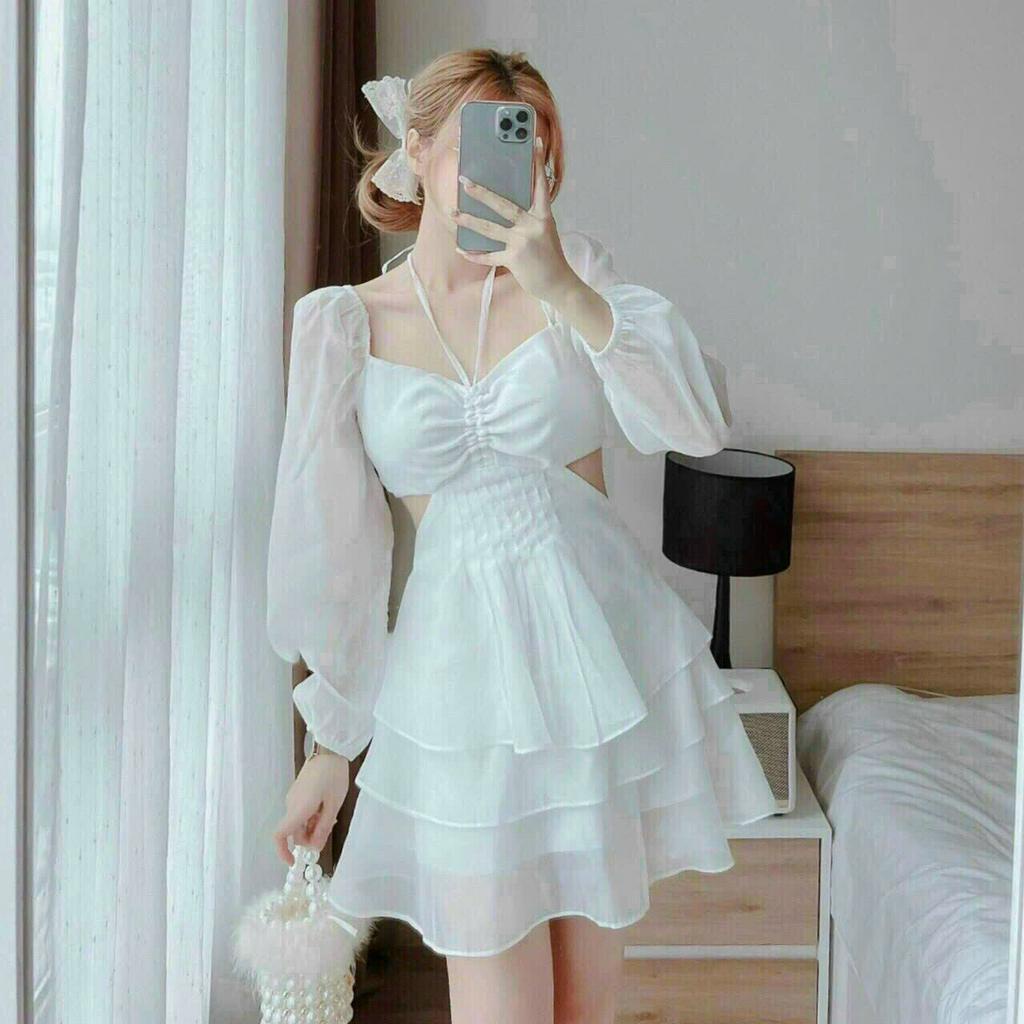 Đầm váy nữ tay dài dây vòng cổ nhún ngực, hở lưng quyến dũ họa tiết xếp tầng màu trắng dự tiệc dễ thương đi chơi