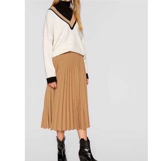 Chân váy midi Stradivarius xuất xịn vintage xô kate xếp ly màu nâu cát