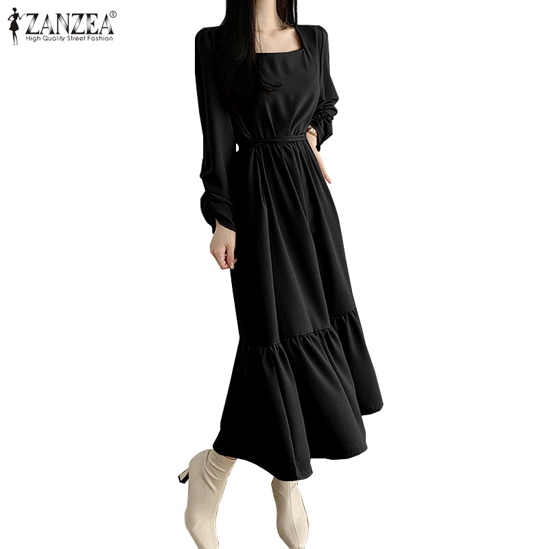 Váy maxi ZANZEA cổ vuông tay dài eo cao phối dây buộc phong cách Hàn Quốc thời trang đường phố cho nữ