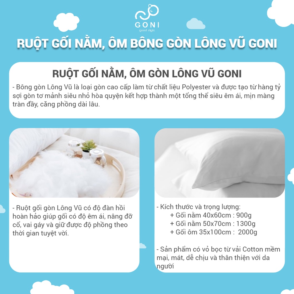 Bộ 4 ruột hơi bông gòn êm ái GONI Trắng tinh khiết bao gồm 2 ruột gối , 1 ruột chăn hè và 1 ruột gối ôm