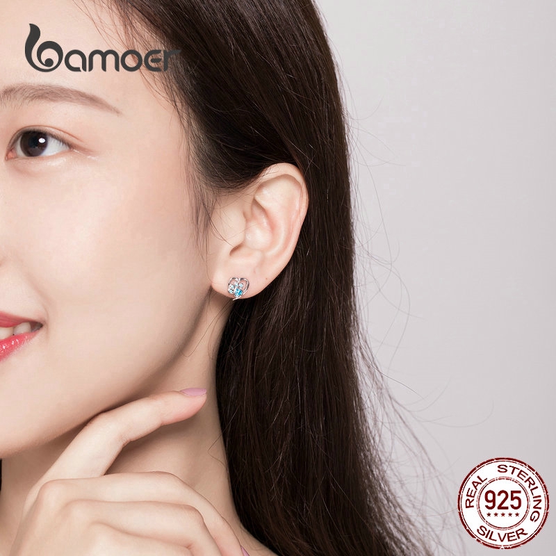 Bông Tai Bamoer SCE654 Hình Móng Mèo Bằng Bạc 925 Phối Pha Lê Xanh Hình Trái Tim Độc Đáo Dễ Thương