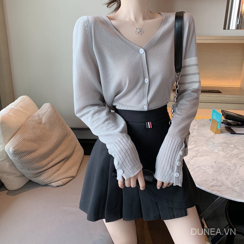 DUNEA Bộ Áo Khoác Cardigan Cổ Chữ V + Chân Váy Xếp Ly Q8Dg