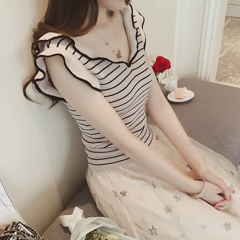 Áo dệt kim cổ V viền bèo không tay thời trang nữ | BigBuy360 - bigbuy360.vn