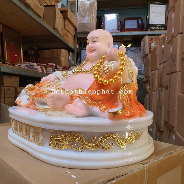 Tượng ông Phật di lạc đá 16in ngang 38 cm màu cam rất đẹp