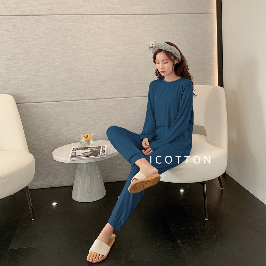 Đồ bộ nữ mặc nhà dài tay thu đông Icotton bộ ngủ nữ chất liệu thun cotton lụa cao cấp mềm mại thoải mái