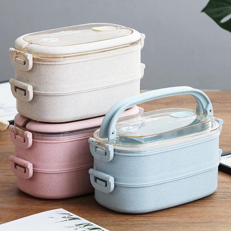 HỘP CƠM 2 TẦNG NHƯA LÚA MẠCH AN TOÀN CHẤT LƯƠNG TỐT(tặng kèm kèm đũa ,muỗng ,nĩa lúa mạch)