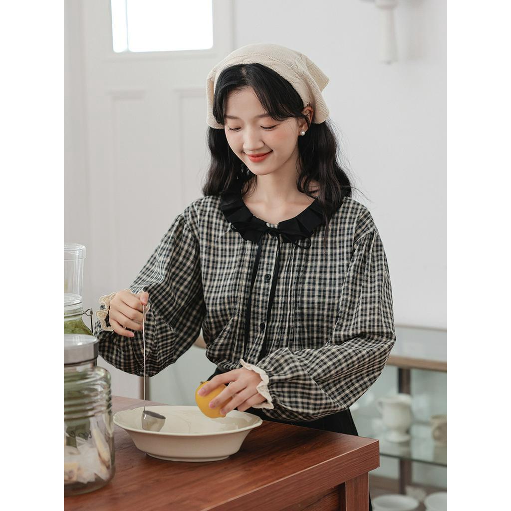 Áo Sơ Mi Sọc Ca Rô Màu Sắc Tương Phản Phong Cách retro Mùa Thu 67403