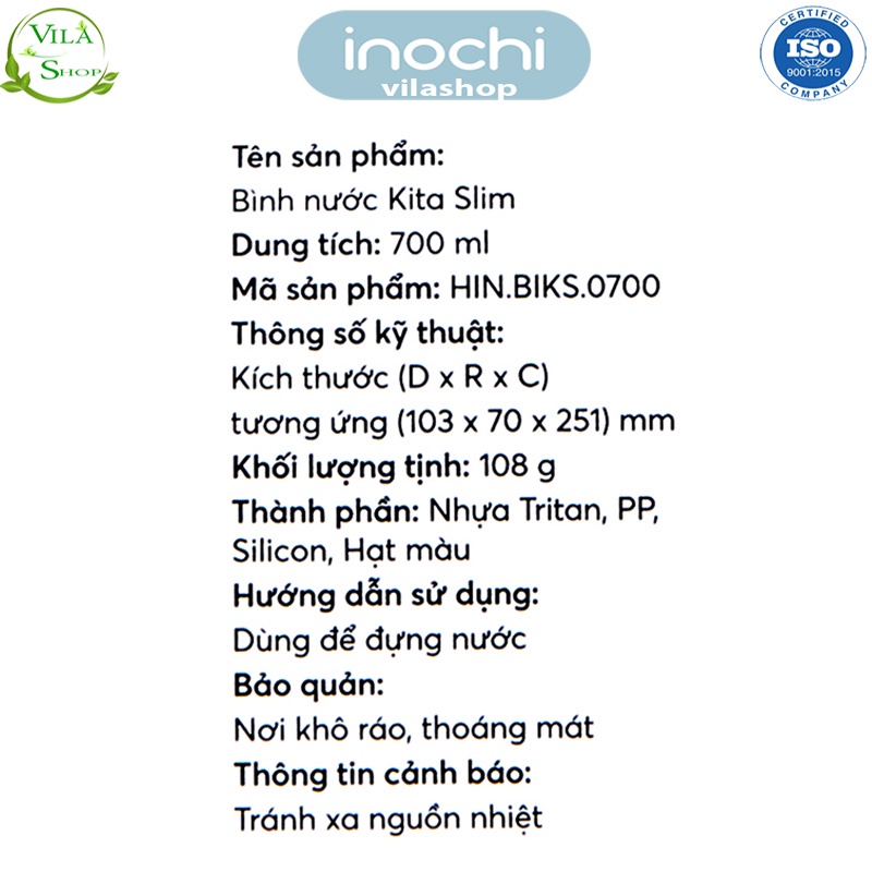 Bình Nước Thể Thao, Bình Nước Chịu Nhiệt KITA SLIM 700ml, Chính Hãng Inochi Nhựa Tritan An Toàn Không Mùi
