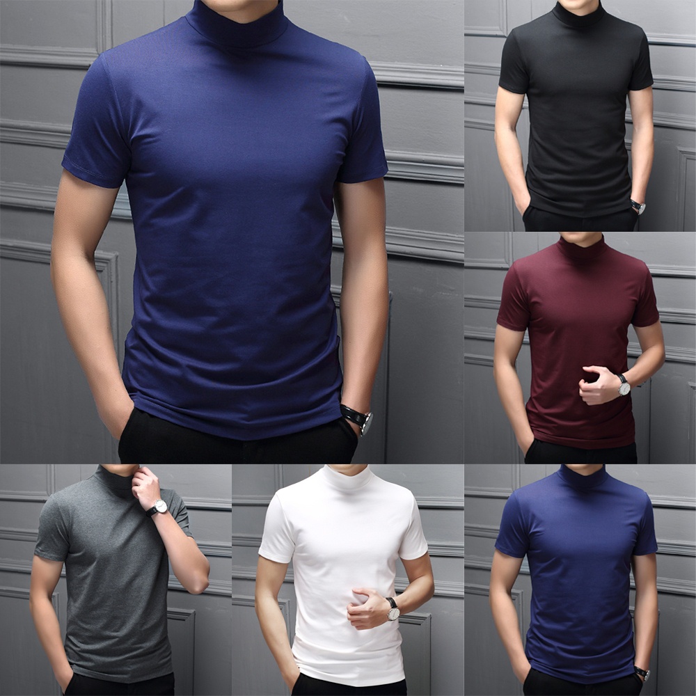 GORGEOUS~Men Mock Neck Basic Plain Blouse T-shirt Pullover Short Sleeve Top Bottoming Top