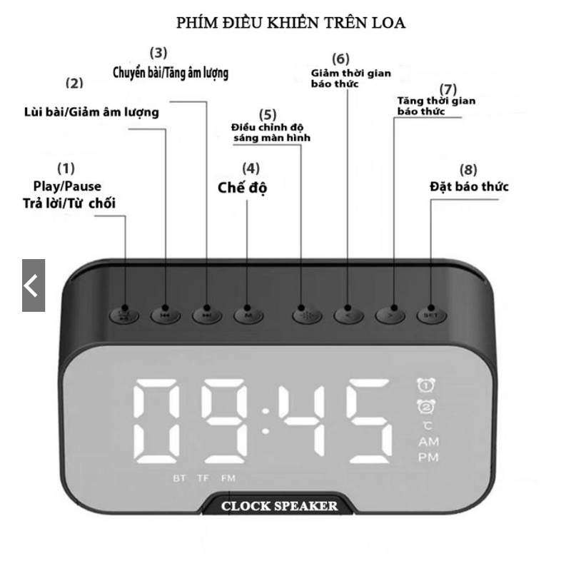 Loa bluetooth mini G5 cao cấp, kiêm đồng hồ báo thức ,nghe đài FM, màn hình tráng gương hiển thị đèn led