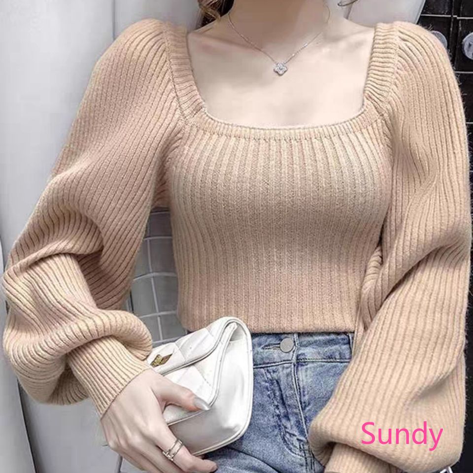 Áo Sweater Dệt Kim Cổ Vuông Tay Phồng Kiểu Retro Pháp Thời Trang Thu Đông Cho Nữ