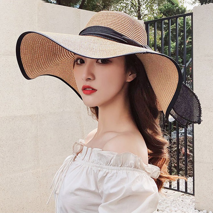 Mũ Cói Rộng Vành Phối Dây Đen P1786