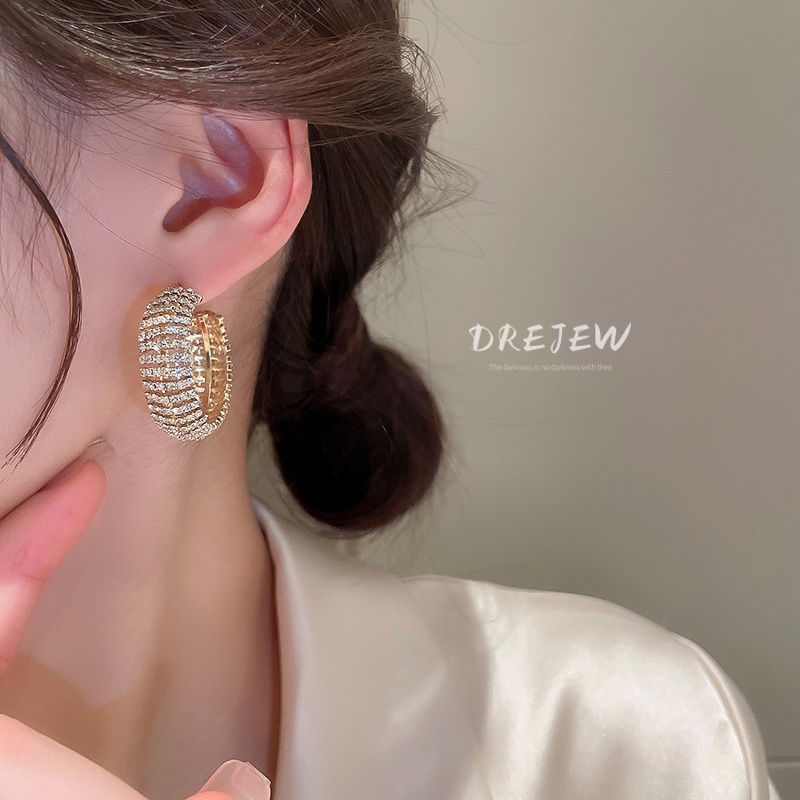 DREJEW Khuyên tai hình chữ C màu bạc đính kim cương phong cách Âu Mỹ thời trang