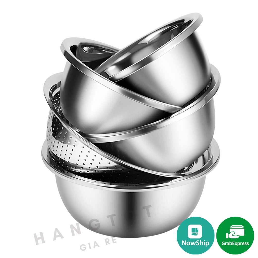 Bộ Thau Rổ Inox Nhà Bếp 5 Món Bằng Inox Đủ Size Từ 18 - 26Cm Tiện Dụng, Dày Dặn