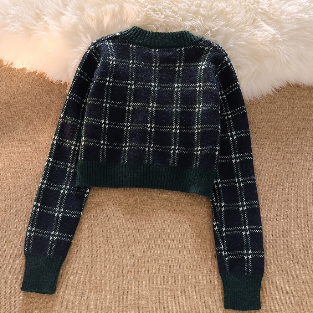 NUZIRO  Áo khoác len cardigan  dáng ngắn cổ chữ V họa tiết sọc caro phong cách retro thời trang cho nữ