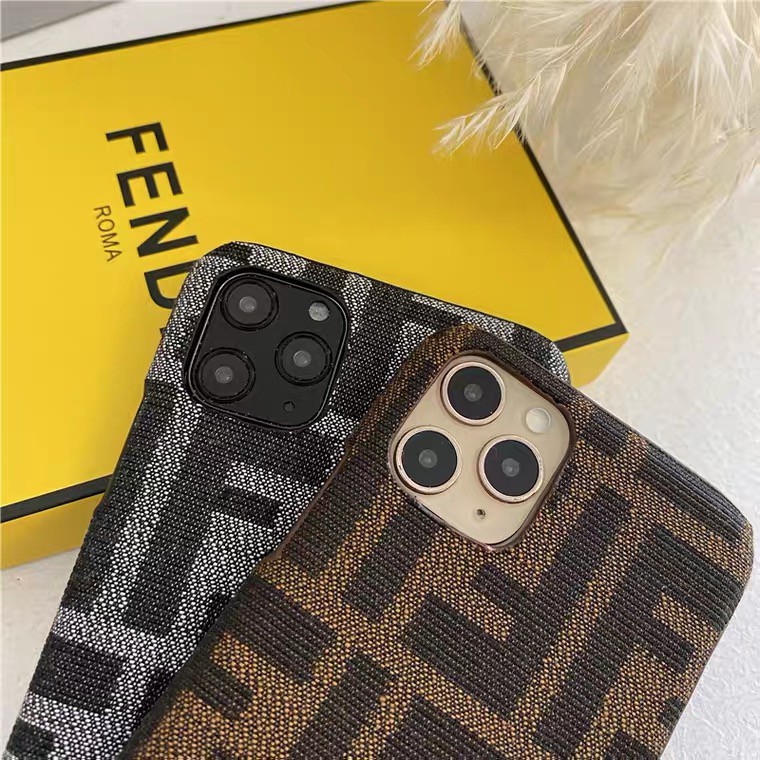 Ốp Fendi nâu bọc da dành cho iPhone 11 12 Pro Max 7 8 Plus X XsMax XR Cú Mèo Case