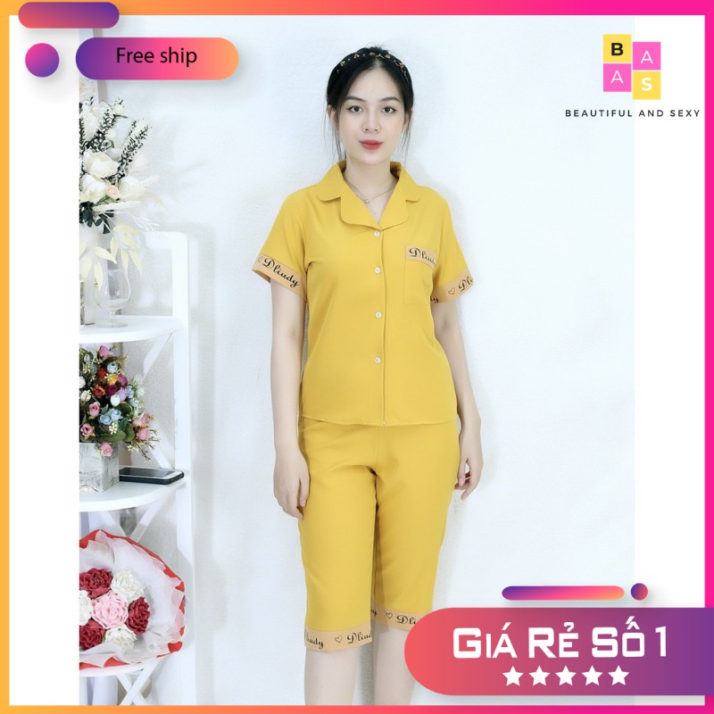 Bộ pijama cộc tay quần đùi phi lụa mát mẻ, bộ đồ ngủ lụa đùi phối họa tiết viền chữ kí BAS087 | BigBuy360 - bigbuy360.vn
