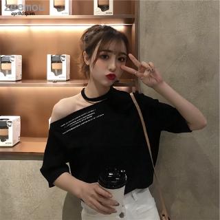 Áo thun nữ trễ vai in chữ quyến rũ phong cách Hàn Quốc