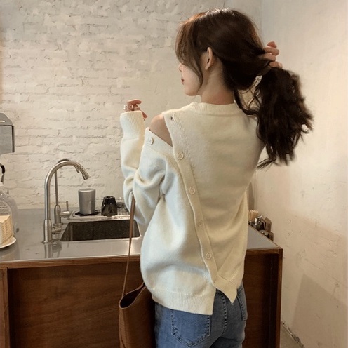 Áo ZHELIHANGFEI dệt kim tay dài hở vai phối nơ xinh xắn phong cách nữ tính dành cho nữ