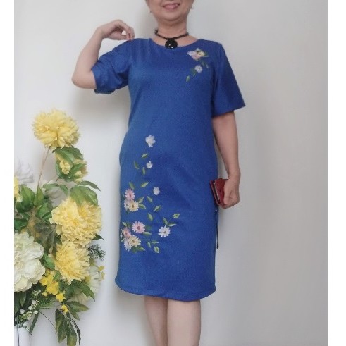 Váy Đầm Thêu Trung Niên - Form Suông, Tay Rộng - Vải Thun Umi Cotton