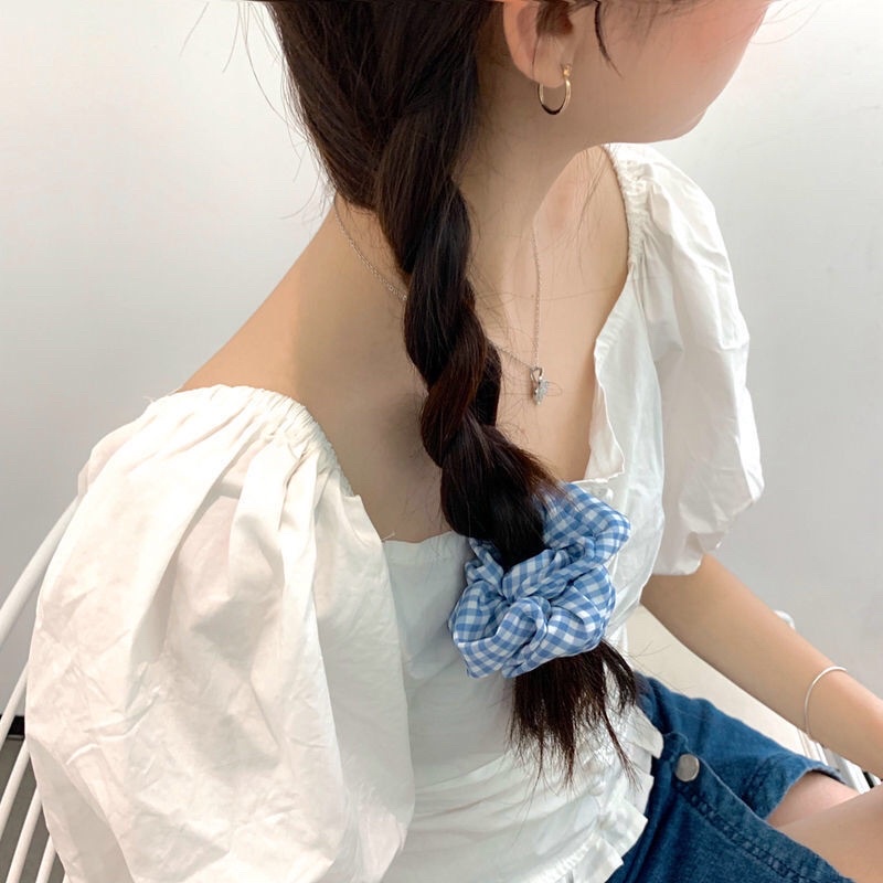 Dây buộc tóc scrunchies hoạ tiết nhí xanh dương vải mềm mại phong cách Hàn Quốc