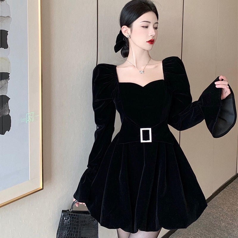 Đầm Nhung Đen Nhấn Eo Size Lớn Thời Trang Pháp Cho Nữ