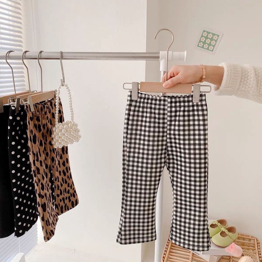 MNGRL Quần Ống Loe Kẻ Sọc Chấm Bi Da Báo Hàn Quốc Mùa Thu Thời Trang Cho Bé Gái