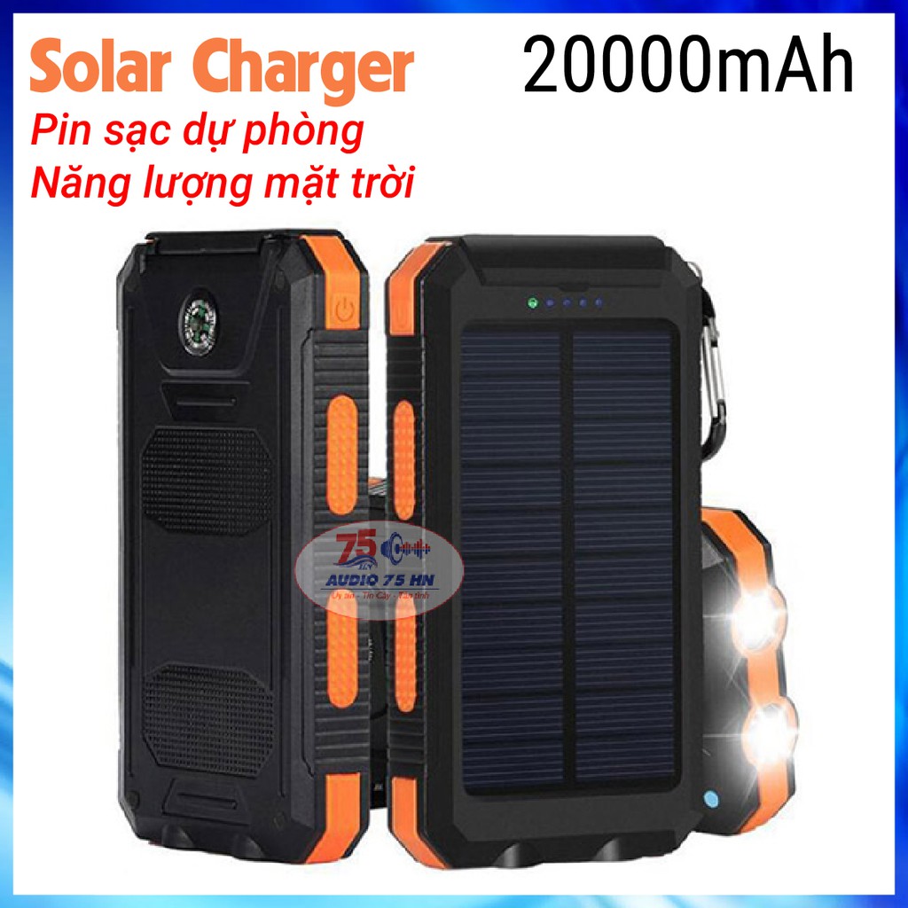 Pin sạc dự phòng năng lượng mặt trời 20000mAh chống nước, đèn pin siêu sáng