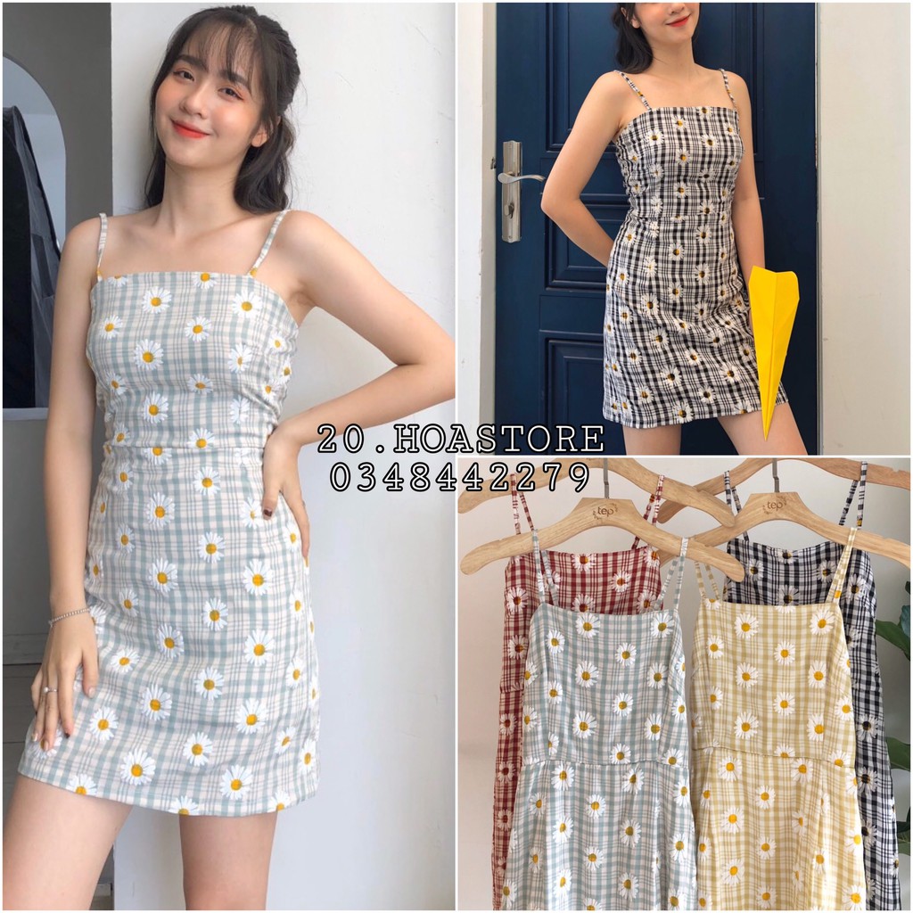 VÁY CARO HOA CÚC CHUN SAU KHOÁ KÉO - ĐẦM 2 DÂY KẺ SỌC DAISY CHỮ A ULZZANG