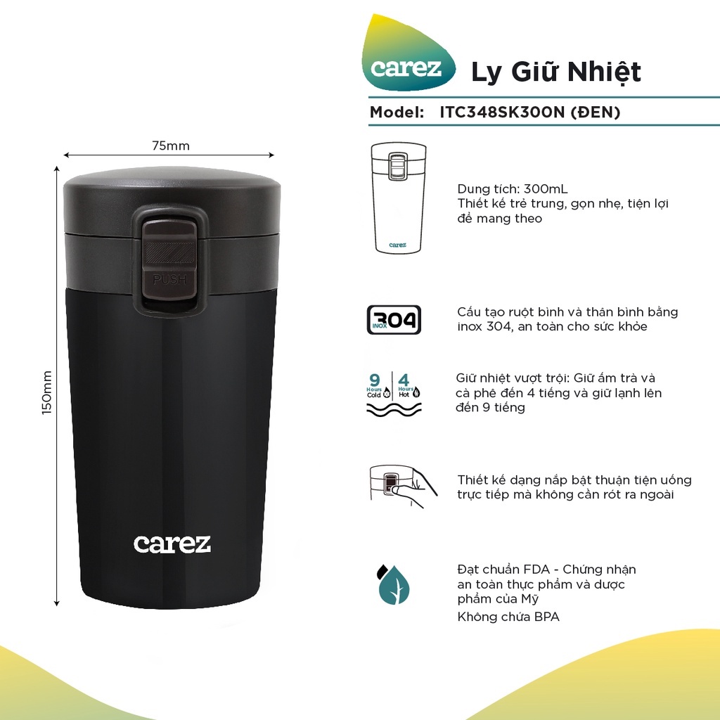 Ly Giữ Nhiệt Carez 300ml ITC348SK300N – Màu Đen