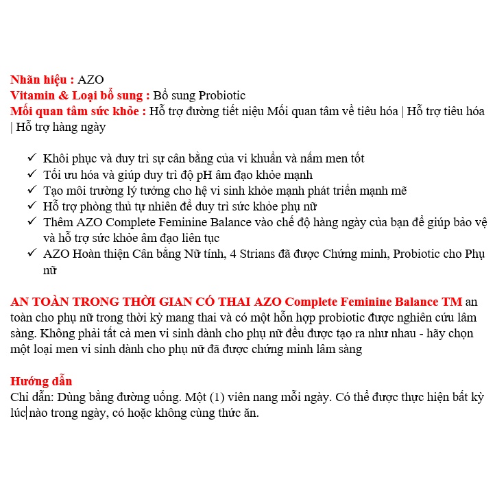 [ DATE 6/2023] AZO Complete Feminine Balance Daily Probiotic 30 VIÊN