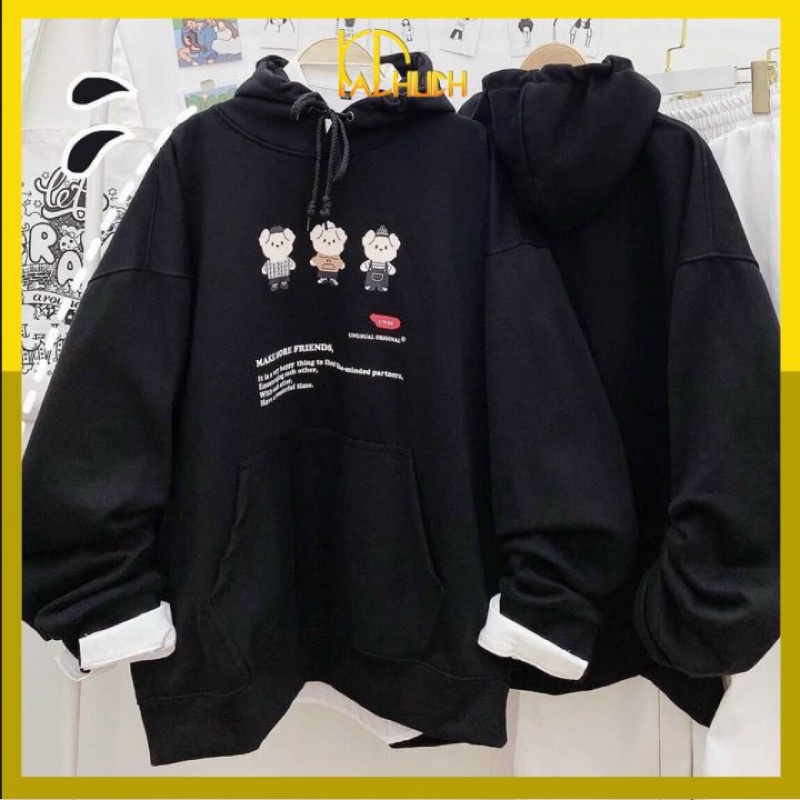 Áo hoodie unisex form rộng tay phồng freesize, vải nỉ ngoại dày dặn nón 2 lớp in 3 chú gấu