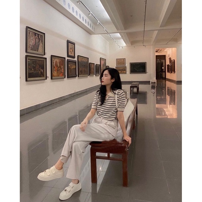 [Sẵn] Áo len polo dệt kim kẻ ngang cộc tay 2 màu đen, be | BigBuy360 - bigbuy360.vn