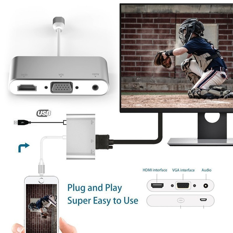 Đầu Chuyển Đổi Lightning Sang Hdmi Vga Cho Điện Thoại Apple / Máy Chiếu Hd / Tv 3.5mm