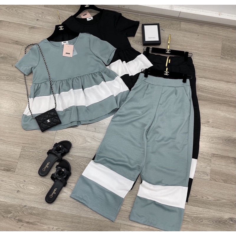 set áo quần xanh đen chất thun lạnh freesize