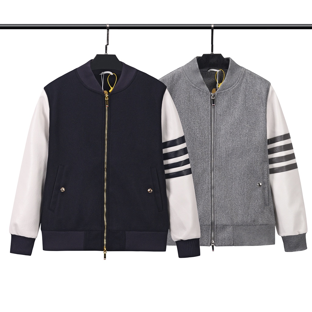 Áo khoác len lông cừu Thom Brow.ne 4-Bar Varsity zip up 809 hàng thiết kế tay áo kẻ sọc cực sang trọng