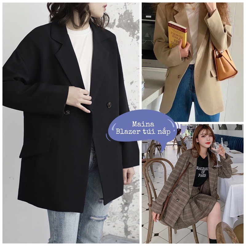 Áo Blazer Túi Nắp Basic 2 Lớp - Áo Khoác Nữ Dài Tay đen nâu tây kẻ Phong Cách Hàn Quốc