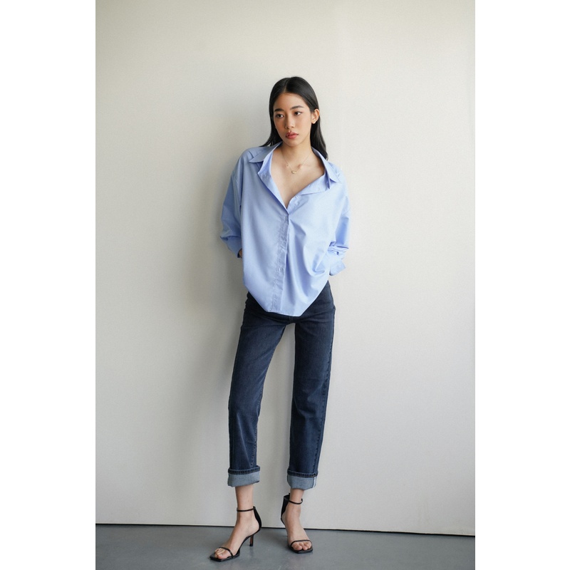 Áo sơ mi nữ dài tay dáng oversize nhiều màu (Xanh da trời)_MONOTALK T10001FT