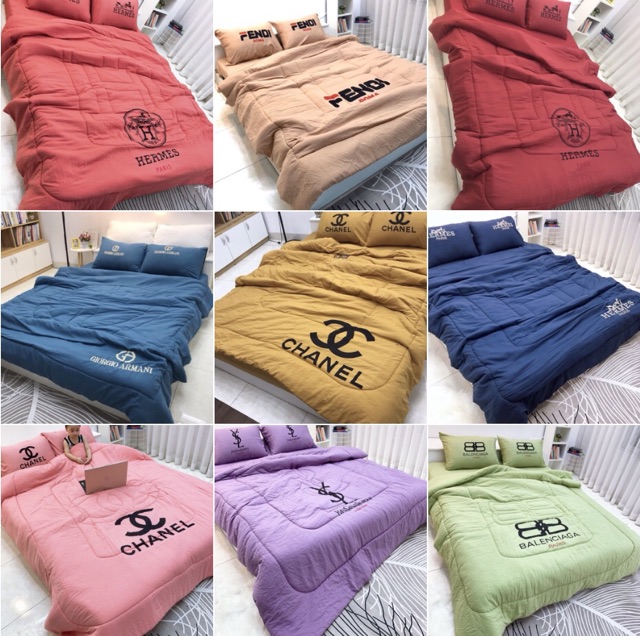 Bộ chăn hè ga gối Đũi mềm, mịn thêu thương hiệu. được chọn mẫu