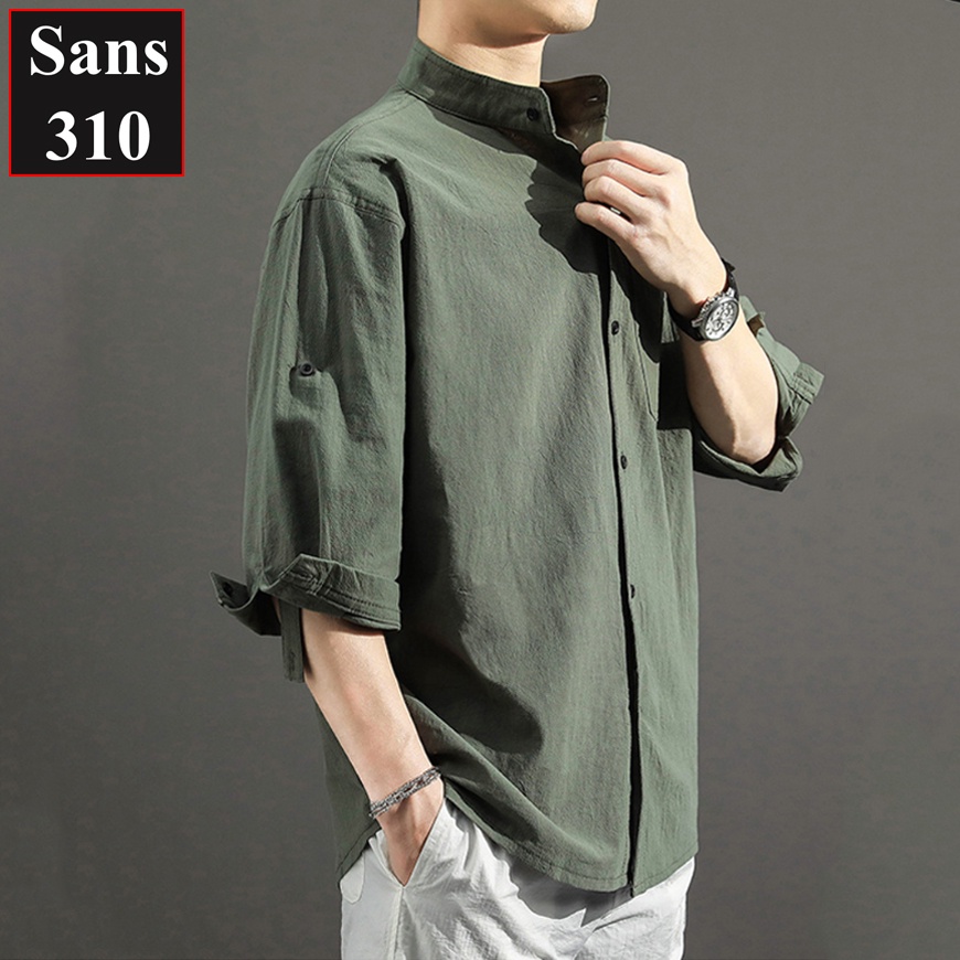 Áo sơ mi nam tay lửng lỡ Sans310 chất đũi cổ tàu đuôi tôm mềm mát bigsize to trẻ hàn quốc cao cấp trắng đen xanh rêu