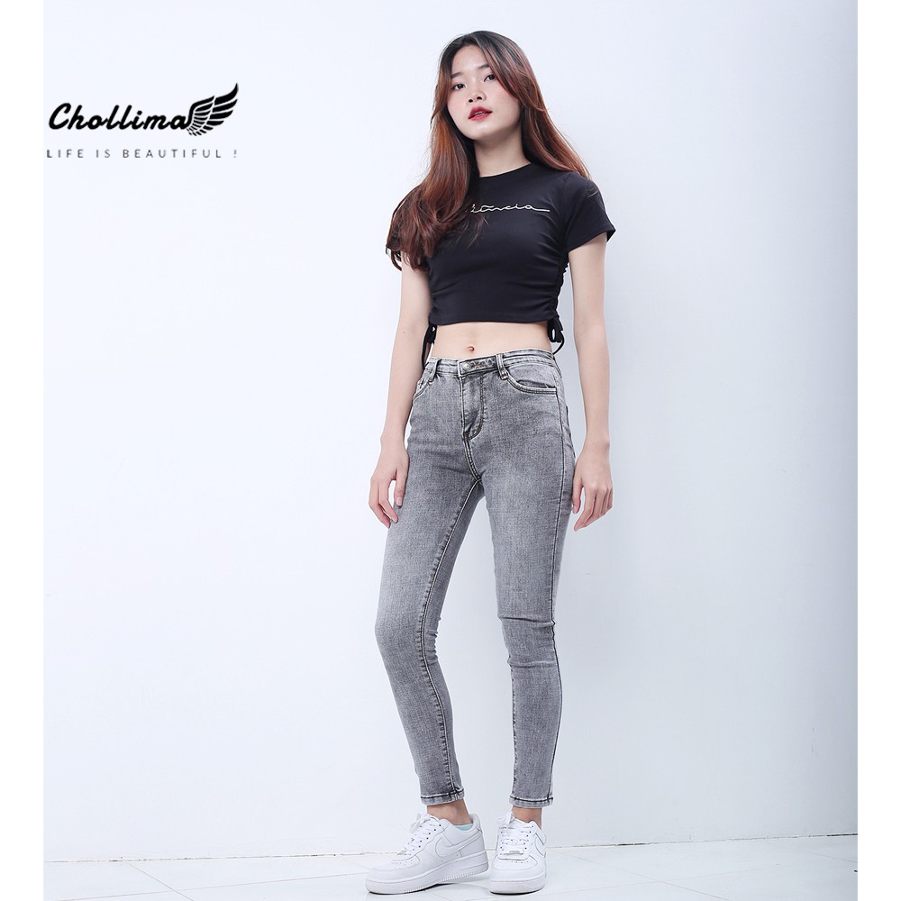 Quần jeans dài nữ co giãn Chollima cạp thường màu xám trắng QD029