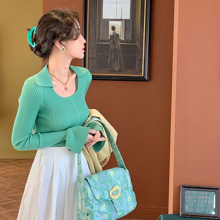 COZOK Áo len tay dài ống loe cổ điển