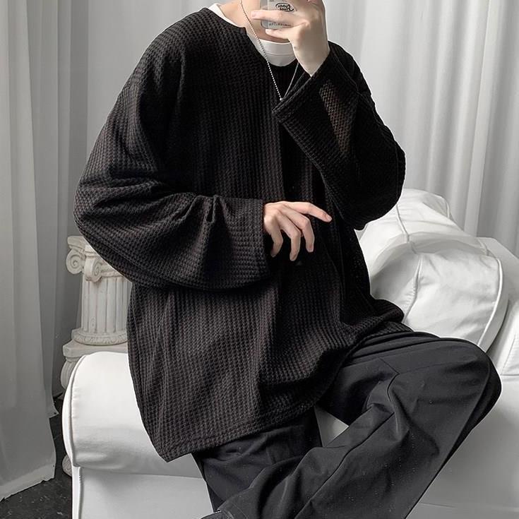 Áo thun dệt kim tay dài dáng rộng thời trang xuân thu phong cách Hong Kong dành cho nam nữ