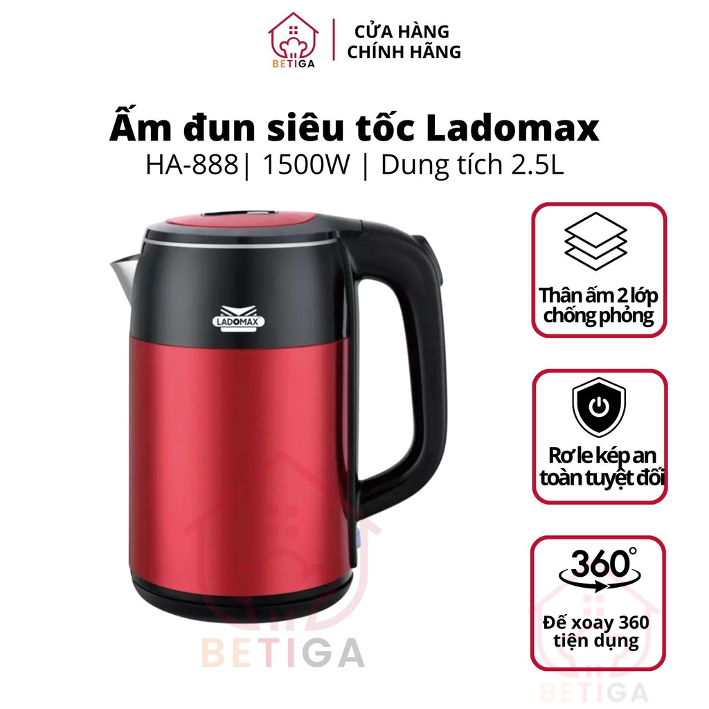 Bình đun siêu tốc, ấm đun siêu tốc đun nước siêu nhanh Inox 2 lớp chống phỏng Ladomax HA-888 2.5L